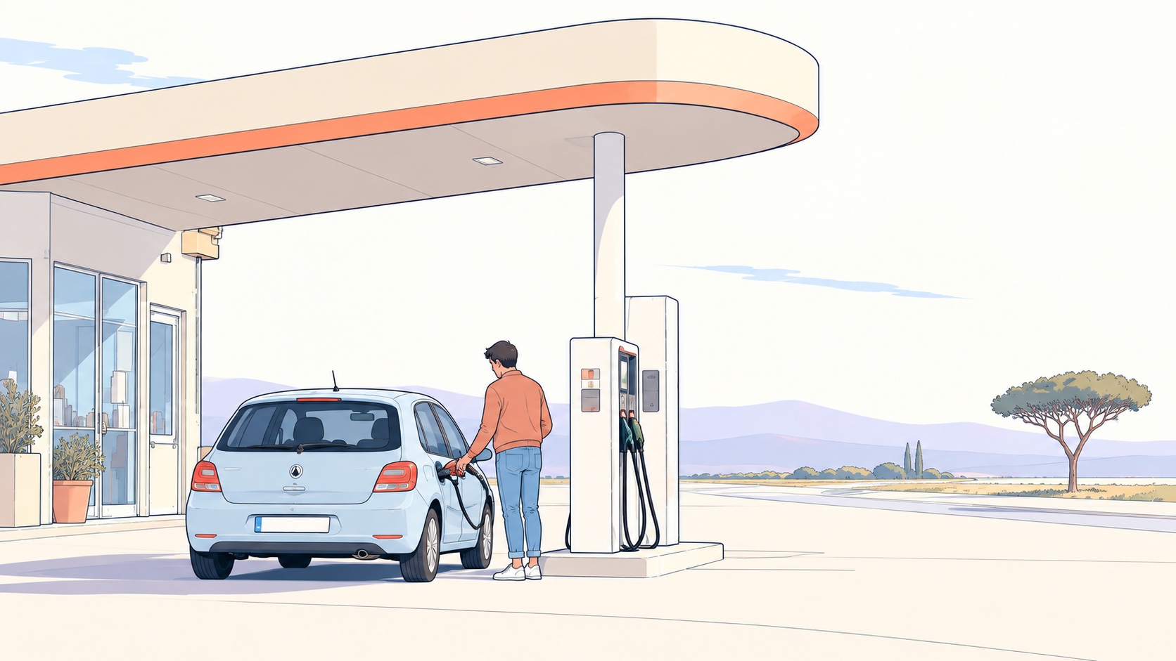 Une personne fait le plein de sa voiture, dans une station au dessin aérien.