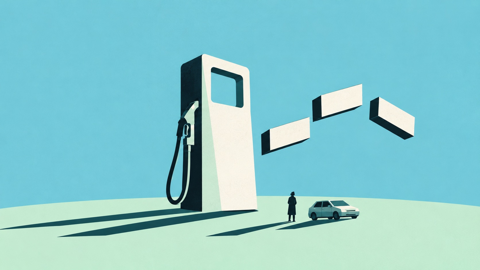 Une pompe à carburant monumentale, une voiture et un automobiliste dans un paysage turquoise.