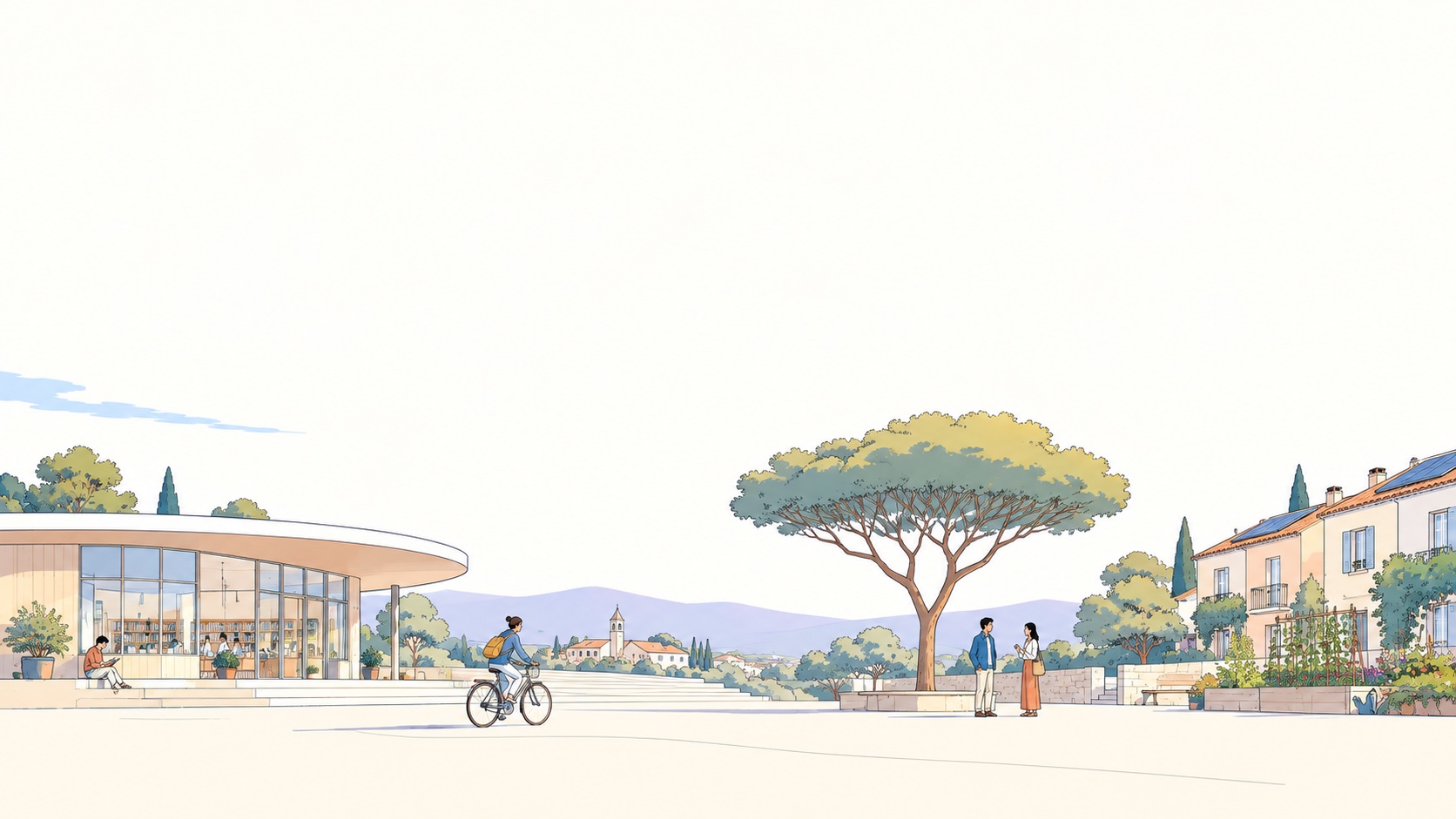 Une place de village ouverte sur la campagne : vélo, jardin partagé et lieux de rencontre.